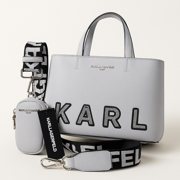 Karl Lagerfeld Tote Satchel Bag Gray Rhinestone Logo + Pouch Crossbody NWT $230 - Picture 1 of 9